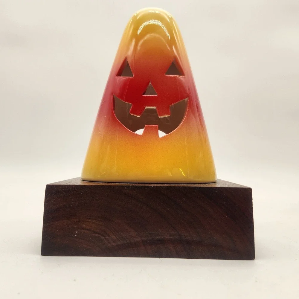Ceramic Candy Corn Jack-O-Lantern Halloween Luminary on Solid Wood Base Large